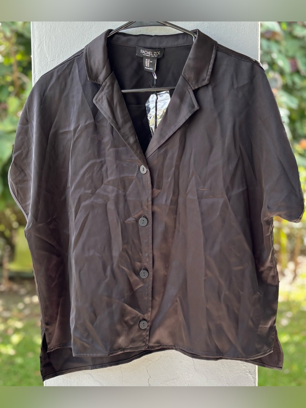 Rachel Zoe Black Satin Button-Front Shirt Large